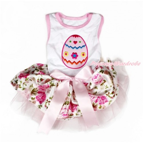 Easter White Sleeveless Light Pink Rose Fusion Gauze Skirt With Easter Egg Print With Light Pink Bow Pet Dress DC087 